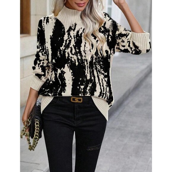 Chic Colorblock High Neck  Drop Shoulder Pullovers - Picture 1 of 6